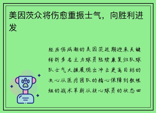 美因茨众将伤愈重振士气，向胜利进发